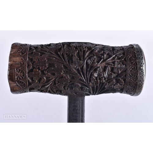 361 - A RARE 19TH CENTURY ANGLO INDIAN BOMBAY SCHOOL CARVED WOOD CROQUET MALLET decorated with foliage and... 