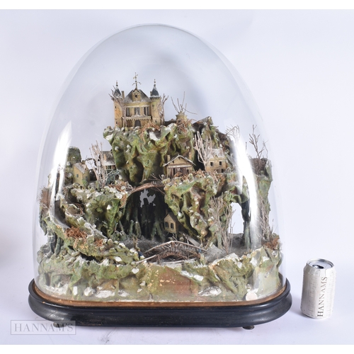 362 - A RARE VICTORIAN GLASS CASED MOUNTAIN RANGE DIORAMA depicting figures in various pursuits. 62 cm x 5... 