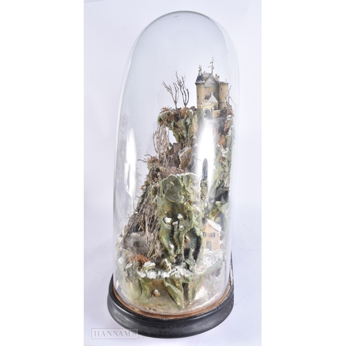 362 - A RARE VICTORIAN GLASS CASED MOUNTAIN RANGE DIORAMA depicting figures in various pursuits. 62 cm x 5... 