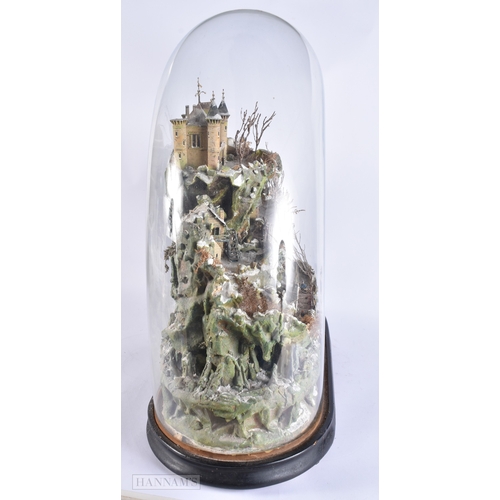 362 - A RARE VICTORIAN GLASS CASED MOUNTAIN RANGE DIORAMA depicting figures in various pursuits. 62 cm x 5... 