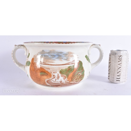 366 - A RARE VICTORIAN TWIN HANDLED CLIFTON SUSPENSION BRIDGE POTTERY BOWL internally printed with a humor... 
