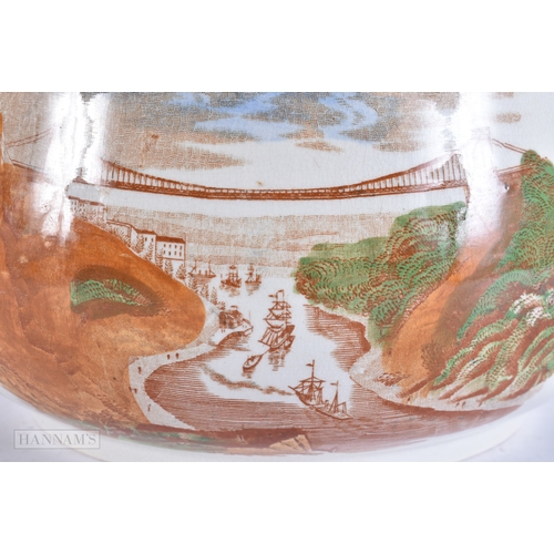 366 - A RARE VICTORIAN TWIN HANDLED CLIFTON SUSPENSION BRIDGE POTTERY BOWL internally printed with a humor... 