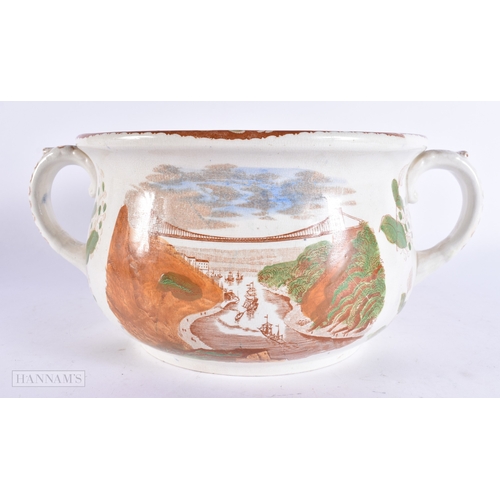 366 - A RARE VICTORIAN TWIN HANDLED CLIFTON SUSPENSION BRIDGE POTTERY BOWL internally printed with a humor... 