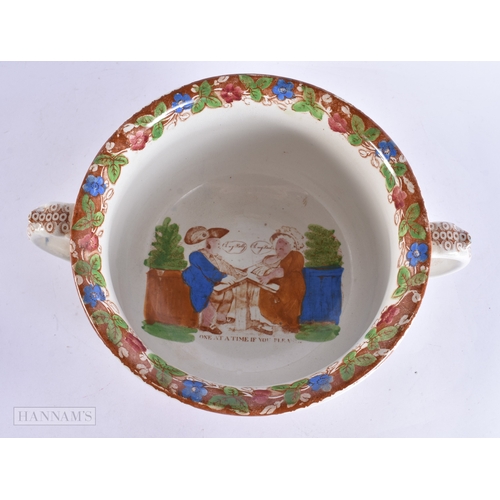 366 - A RARE VICTORIAN TWIN HANDLED CLIFTON SUSPENSION BRIDGE POTTERY BOWL internally printed with a humor... 