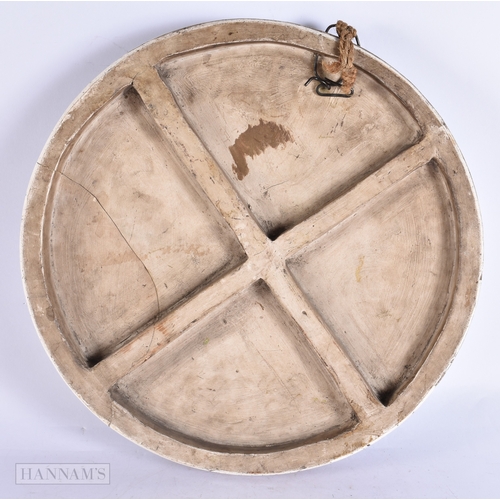 369 - A VERY RARE 19TH CENTURY FRENCH POTTERY DOUBLE EAGLE POTTERY PLAQUE possibly Longwy. 39 cm diameter.