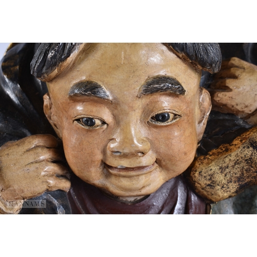 376 - A LARGE AND UNUSUAL PAIR OF 19TH CENTURY JAPANESE MEIJI PERIOD POTTERY FIGURES modelled as a family ... 