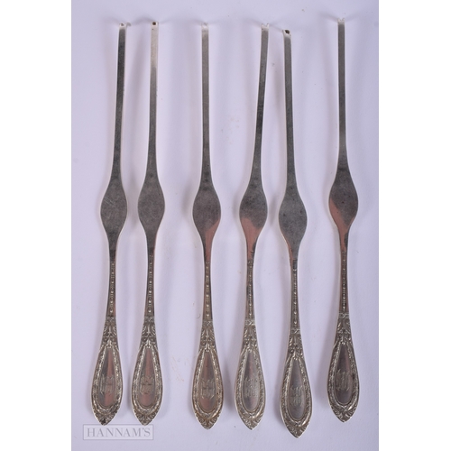 390 - A SET OF SIX ANTIQUE CONTINENTAL SILVER LOBSTER PICKS. 161 grams. 21.5 cm long. (6)