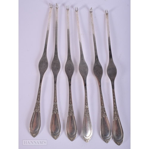 390 - A SET OF SIX ANTIQUE CONTINENTAL SILVER LOBSTER PICKS. 161 grams. 21.5 cm long. (6)