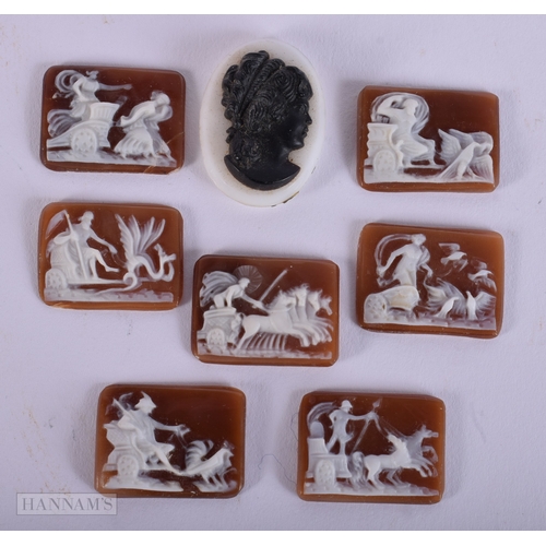 394 - SEVEN ANTIQUE CARVED STONE CAMEO PLAQUES. 12.8 grams. Largest 2.5 cm x 1.75 cm. (7)