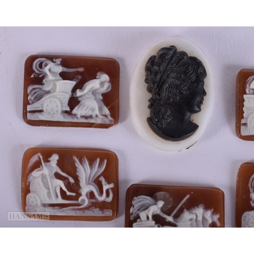 394 - SEVEN ANTIQUE CARVED STONE CAMEO PLAQUES. 12.8 grams. Largest 2.5 cm x 1.75 cm. (7)