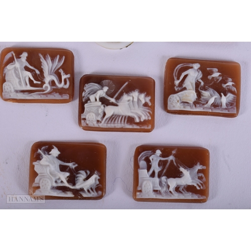 394 - SEVEN ANTIQUE CARVED STONE CAMEO PLAQUES. 12.8 grams. Largest 2.5 cm x 1.75 cm. (7)