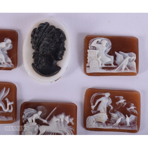 394 - SEVEN ANTIQUE CARVED STONE CAMEO PLAQUES. 12.8 grams. Largest 2.5 cm x 1.75 cm. (7)