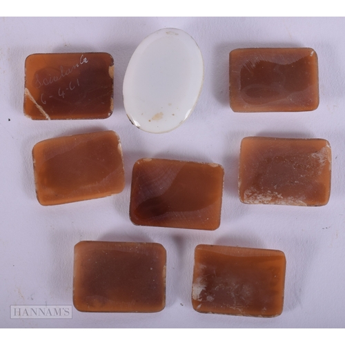 394 - SEVEN ANTIQUE CARVED STONE CAMEO PLAQUES. 12.8 grams. Largest 2.5 cm x 1.75 cm. (7)