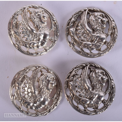 395 - FOUR ANTIQUE SILVER LEVI AND SOLOMAN FRIGGIN BIRD BUTTONS. 19.7 grams. 3 cm wide. (4)