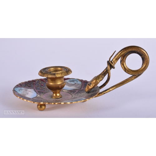396 - AN ANTIQUE BRONZE AND ENAMEL SERPENT CHAMBERSTICK. 60.8 grams. 10.25 cm wide.