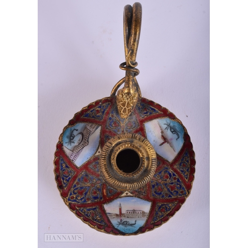 396 - AN ANTIQUE BRONZE AND ENAMEL SERPENT CHAMBERSTICK. 60.8 grams. 10.25 cm wide.
