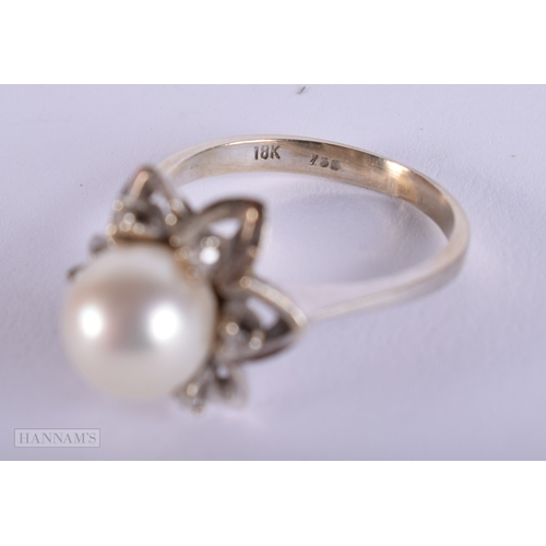 407 - AN 18CT GOLD DIAMOND AND PEARL RING. M. 4.2 grams.
