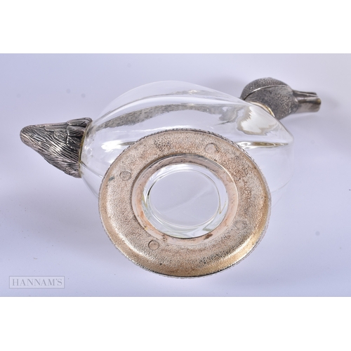 41 - A VINTAGE SILVER PLATED GLASS DUCK HEAD DECANTER together with a smokey glass decanter. Largest 27 c... 