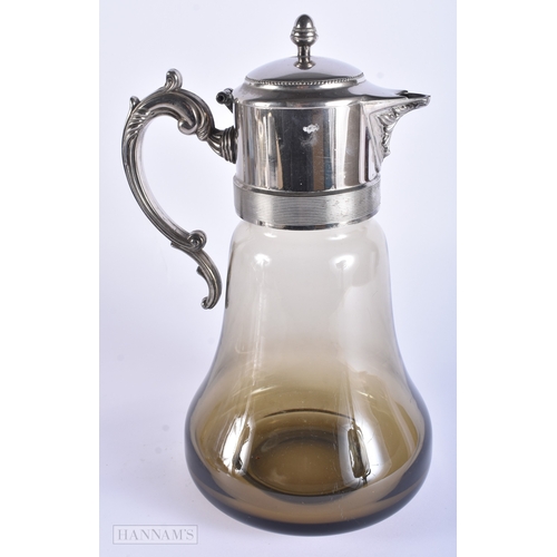 41 - A VINTAGE SILVER PLATED GLASS DUCK HEAD DECANTER together with a smokey glass decanter. Largest 27 c... 