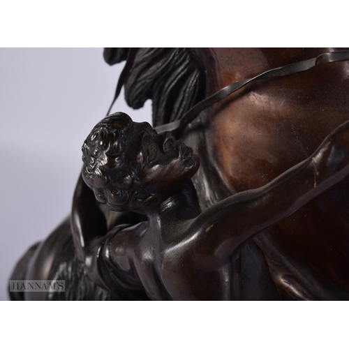 410 - A PAIR OF 19TH CENTURY FRENCH BRONZE GRAND TOUR MARLEY HORSES modelled with attendants. 28 cm x 24 c... 