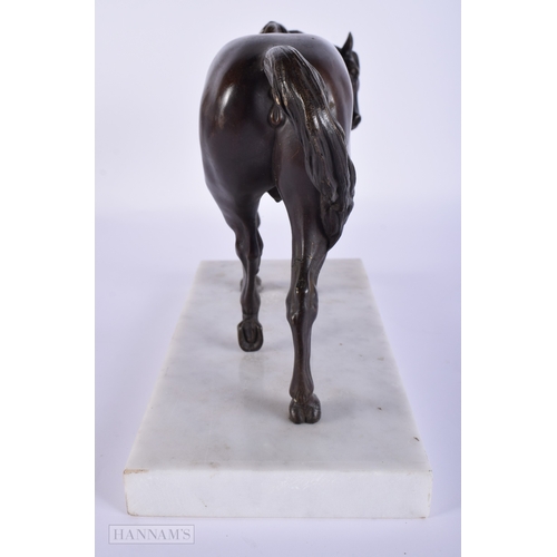 411 - A FINE 19TH CENTURY EUROPEAN GRAND TOUR BRONZE FIGURE OF A HORSE modelled upon a marble plinth. 27 c... 