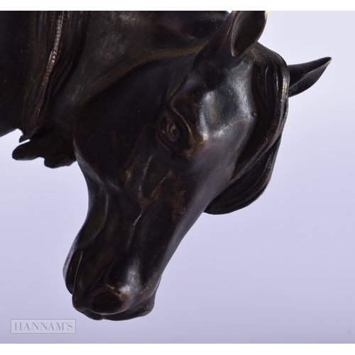 411 - A FINE 19TH CENTURY EUROPEAN GRAND TOUR BRONZE FIGURE OF A HORSE modelled upon a marble plinth. 27 c... 