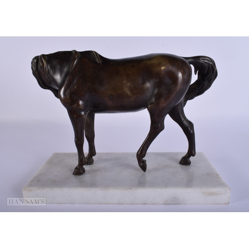 411 - A FINE 19TH CENTURY EUROPEAN GRAND TOUR BRONZE FIGURE OF A HORSE modelled upon a marble plinth. 27 c... 