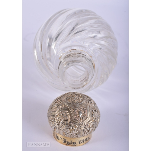 414 - A VICTORIAN SILVER MOUNTED GLASS SCENT BOTTLE. 12 cm x 8 cm.
