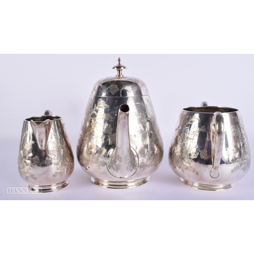 418 - A VICTORIAN AESTHETIC MOVEMENT SILVER PLATED TEASET. Largest 19 cm wide. (3)