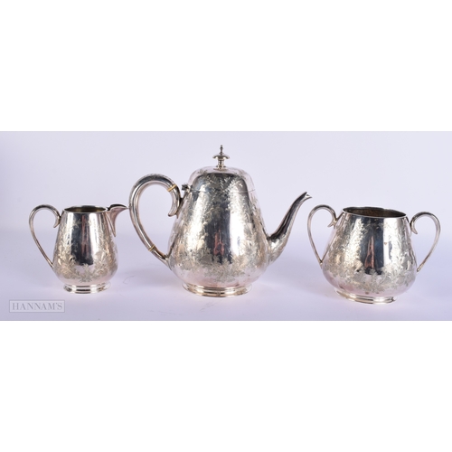 418 - A VICTORIAN AESTHETIC MOVEMENT SILVER PLATED TEASET. Largest 19 cm wide. (3)