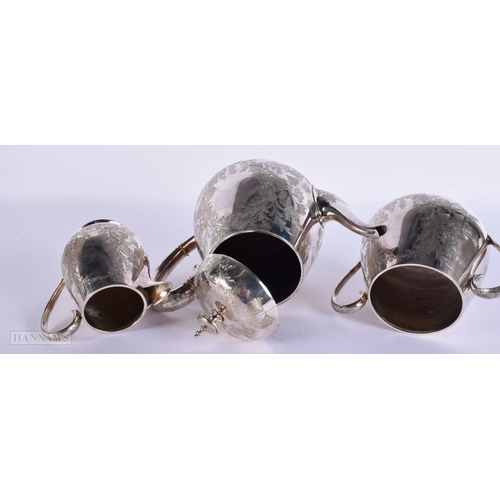 418 - A VICTORIAN AESTHETIC MOVEMENT SILVER PLATED TEASET. Largest 19 cm wide. (3)
