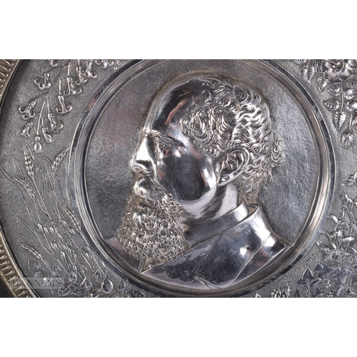 421 - A VICTORIAN SILVER PLATED CHARLES DICKENS PLAQUE. 30 cm x 24 cm.