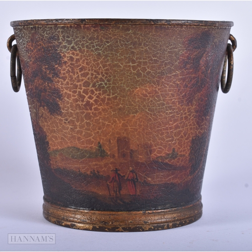 43 - A SMALL ANTIQUE PAINTED TOLEWARE PLANTER decorated with landscapes. 10 cm x 12 cm.
