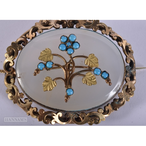 430 - A VICTORIAN YELLOW METAL AGATE AND TURQUOISE BROOCH. 27 grams. 6 cm x 4.5 cm.