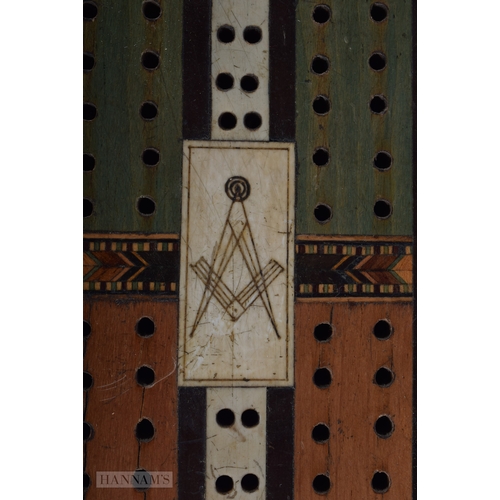 433 - AN UNUSUAL VICTORIAN MASONIC TUNBRIDGEWARE CRIBBAGE BOARD. 32 cm x 12 cm.