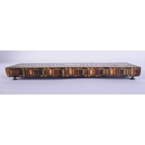 433 - AN UNUSUAL VICTORIAN MASONIC TUNBRIDGEWARE CRIBBAGE BOARD. 32 cm x 12 cm.