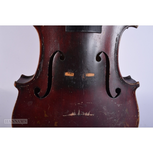445 - A CASED VIOLIN with bow. Violin 57.5 cm long, length of back inc button 36.5 cm.
