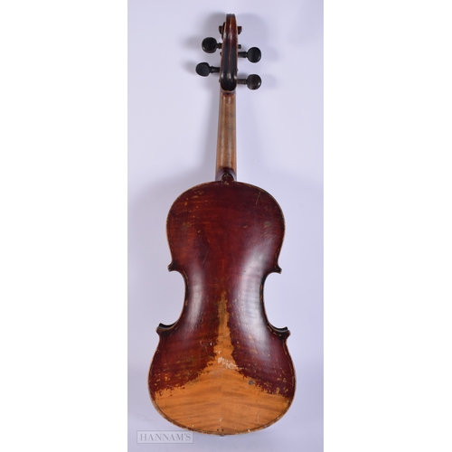 445 - A CASED VIOLIN with bow. Violin 57.5 cm long, length of back inc button 36.5 cm.