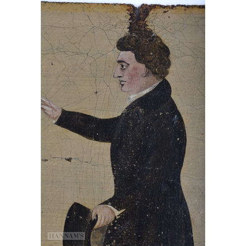 46 - English School (19th Century) Oil on canvas, Naieve school, Figure with top hat. 24 cm x 18 cm.
