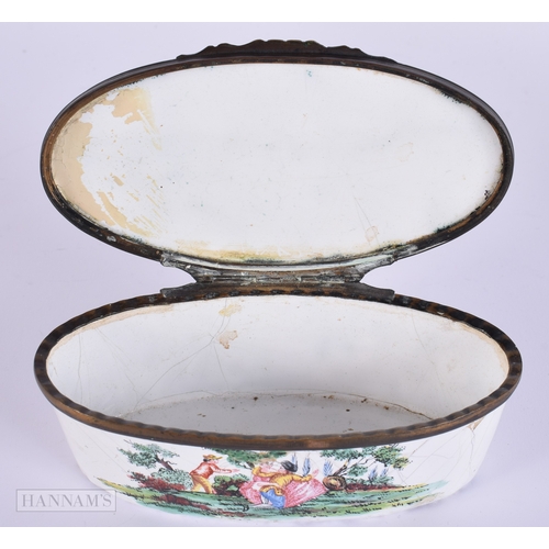 461 - A VERY RARE 18TH CENTURY ENGLISH ENAMEL EROTIC OVAL BOX painted with scenes of figures courting, the... 