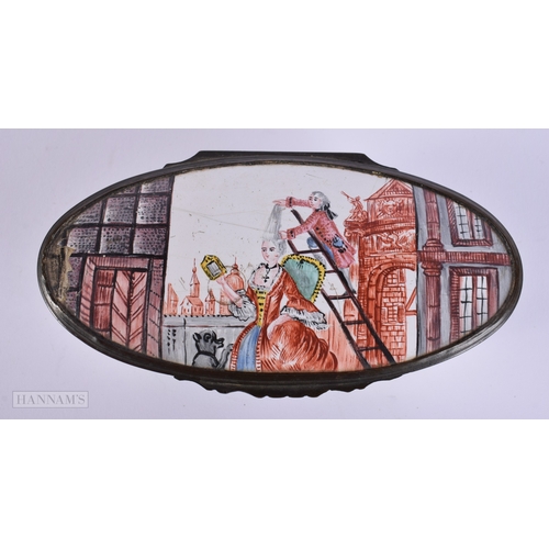 461 - A VERY RARE 18TH CENTURY ENGLISH ENAMEL EROTIC OVAL BOX painted with scenes of figures courting, the... 
