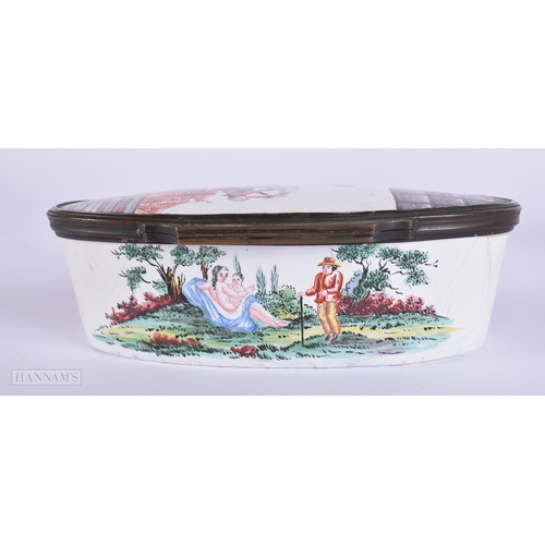 461 - A VERY RARE 18TH CENTURY ENGLISH ENAMEL EROTIC OVAL BOX painted with scenes of figures courting, the... 