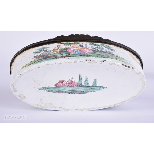 461 - A VERY RARE 18TH CENTURY ENGLISH ENAMEL EROTIC OVAL BOX painted with scenes of figures courting, the... 