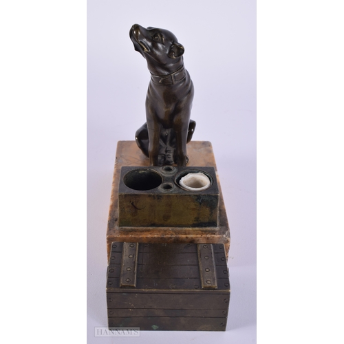 463 - A LOVELY EARLY 19TH CENTURY ITALIAN REGENCY BRONZE INKWELL modelled as a recumbant hound beside a ch... 