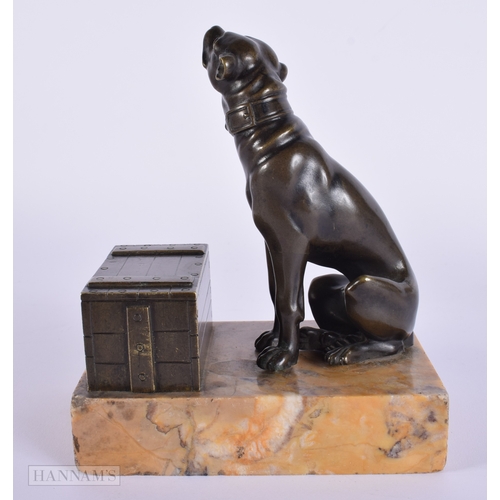 463 - A LOVELY EARLY 19TH CENTURY ITALIAN REGENCY BRONZE INKWELL modelled as a recumbant hound beside a ch... 