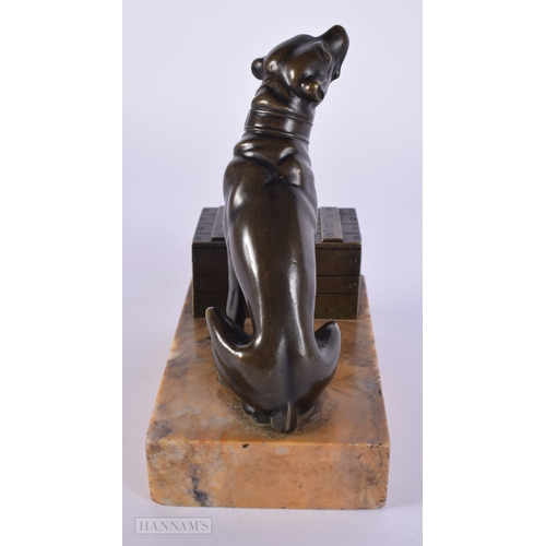 463 - A LOVELY EARLY 19TH CENTURY ITALIAN REGENCY BRONZE INKWELL modelled as a recumbant hound beside a ch... 