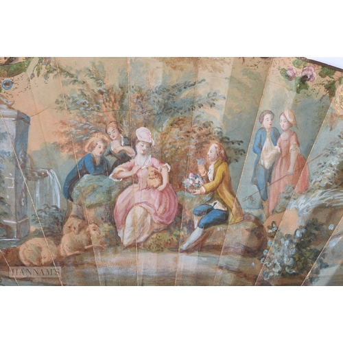 48 - A 19TH CENTURY FRENCH WATERCOLOUR FAN painted with figures in a landscape. 50 cm wide extended.