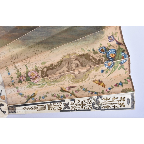 48 - A 19TH CENTURY FRENCH WATERCOLOUR FAN painted with figures in a landscape. 50 cm wide extended.