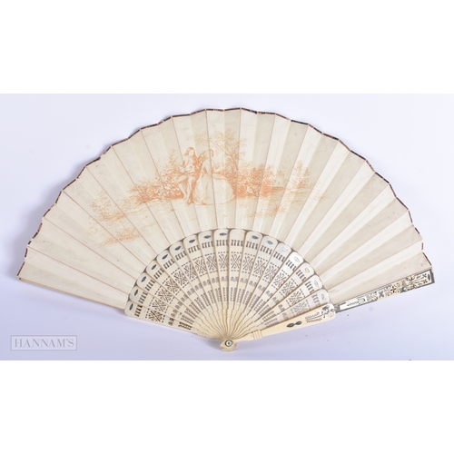 48 - A 19TH CENTURY FRENCH WATERCOLOUR FAN painted with figures in a landscape. 50 cm wide extended.