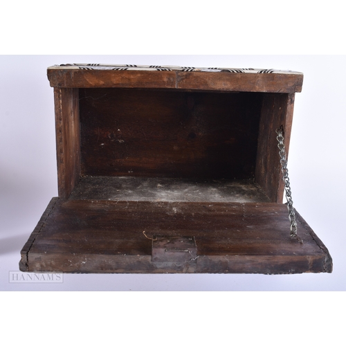 59 - AN ANTIQUE MIDDLE EASTERN OTTOMAN SYRIAN MOTHER OF PEARL BONE INSET CASKET. 38 cm x 32 cm x 16 cm.